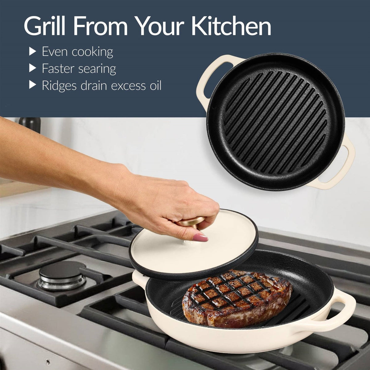 Cream 6-Piece Non-Stick Cast Iron Cookware Set - Skillet Grill Pan Dutch Oven