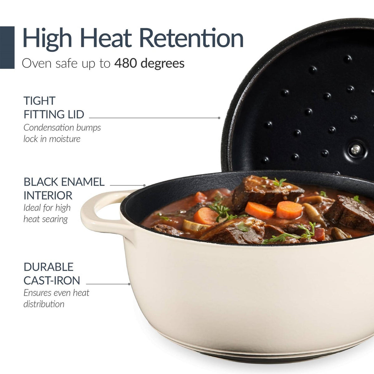 Cream 6-Piece Non-Stick Cast Iron Cookware Set - Skillet Grill Pan Dutch Oven