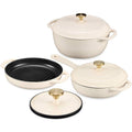 Cream 6-Piece Non-Stick Cast Iron Cookware Set - Skillet Grill Pan Dutch Oven