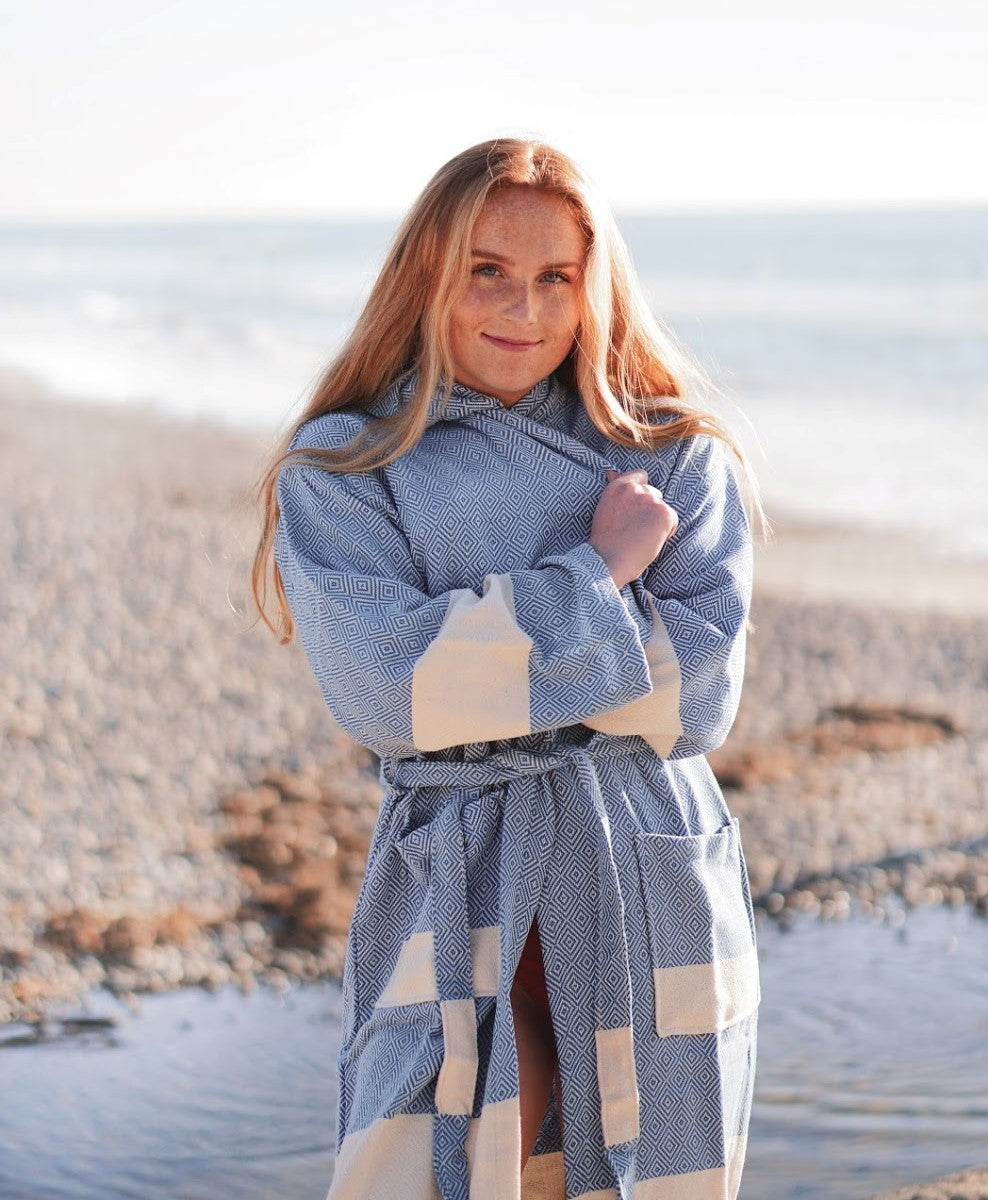 Venice Turkish Towel Bathrobe – 100% Turkish Cotton Unisex Kimono Robe with Deep Pockets & Belt (S/M, L/XL)