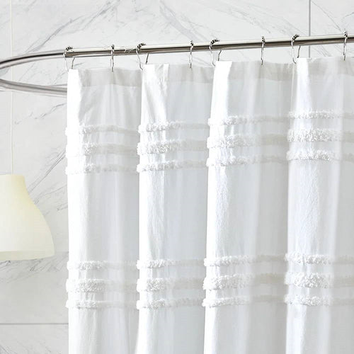 72-inch White Cotton Chenille Stripe Shower Curtain - Machine Washable