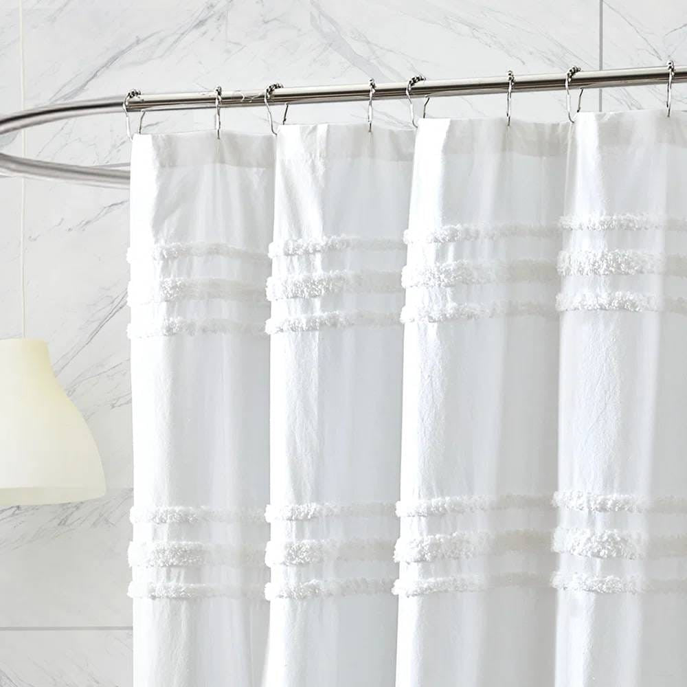 72-inch White Cotton Chenille Stripe Shower Curtain - Machine Washable
