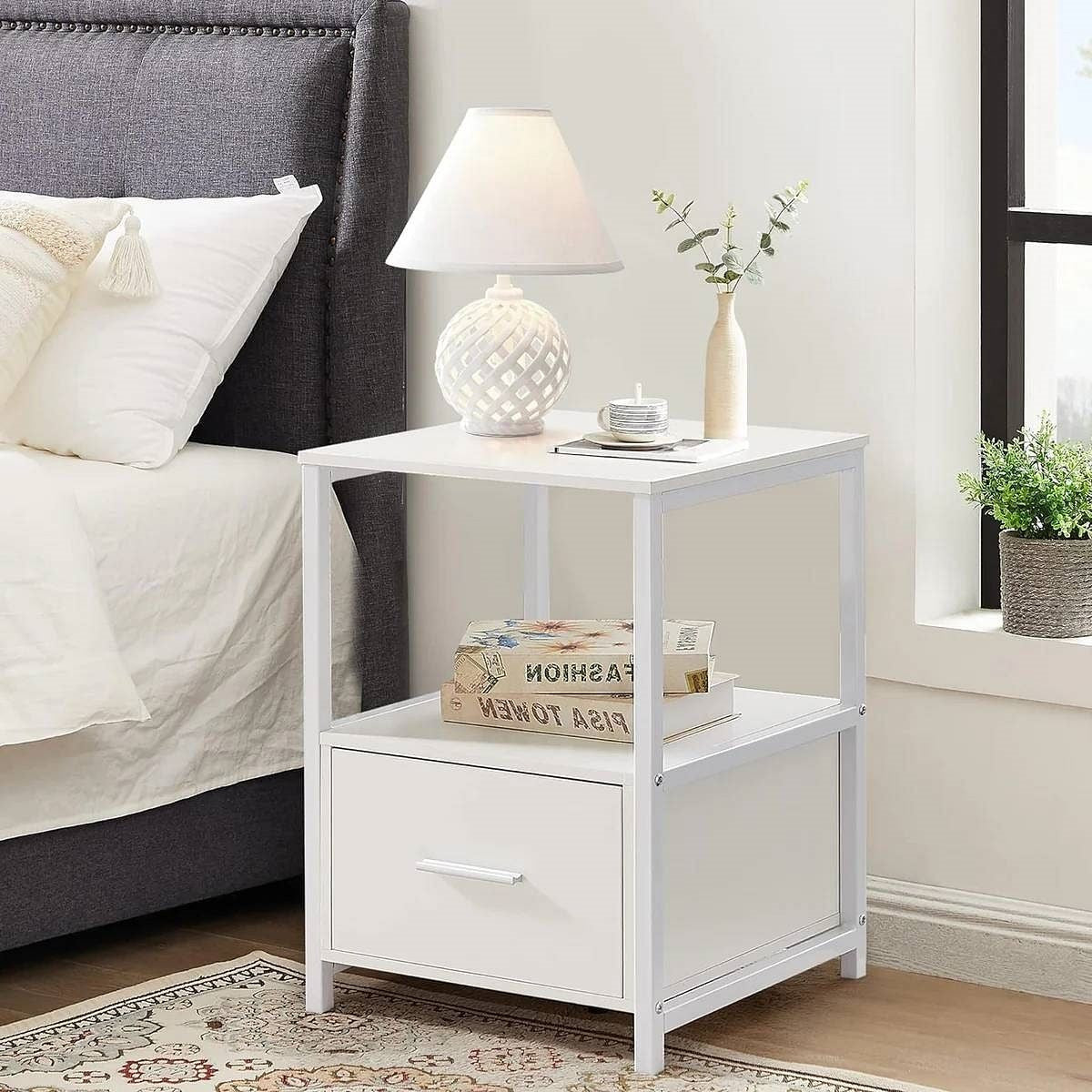 Set of 2 - Modern White Metal Wood Side End Table Nightstand with Storage Drawer