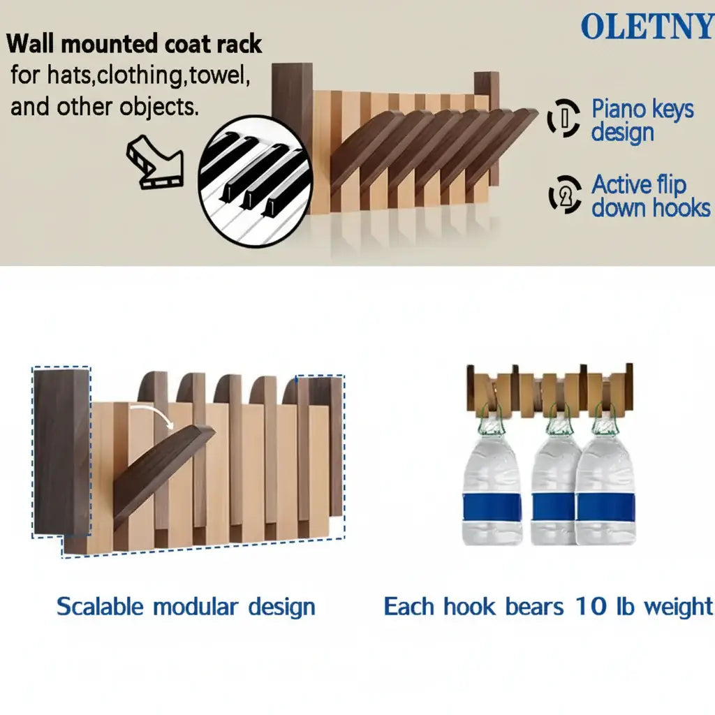 Wooden Wall Coat Rack with Magnetic Hooks for Entryway, Bathroom