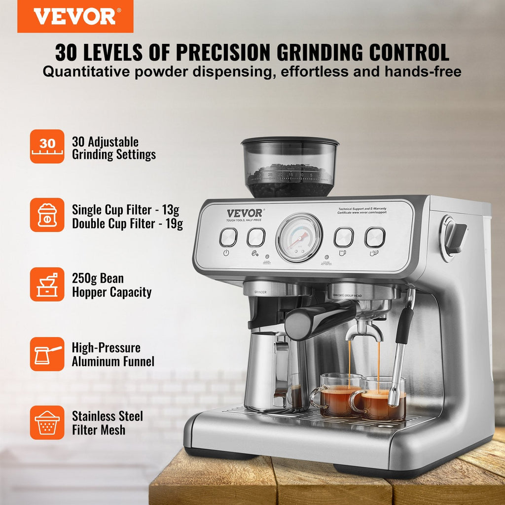 Espresso Machine With Grinder, 15 Bar Semi-Automatic Espresso Coffee Maker With Milk Frother Steam Wand, Removable Water Tank & Pressure Gauge For Cappuccino, Latte, Machiato, PID Control System