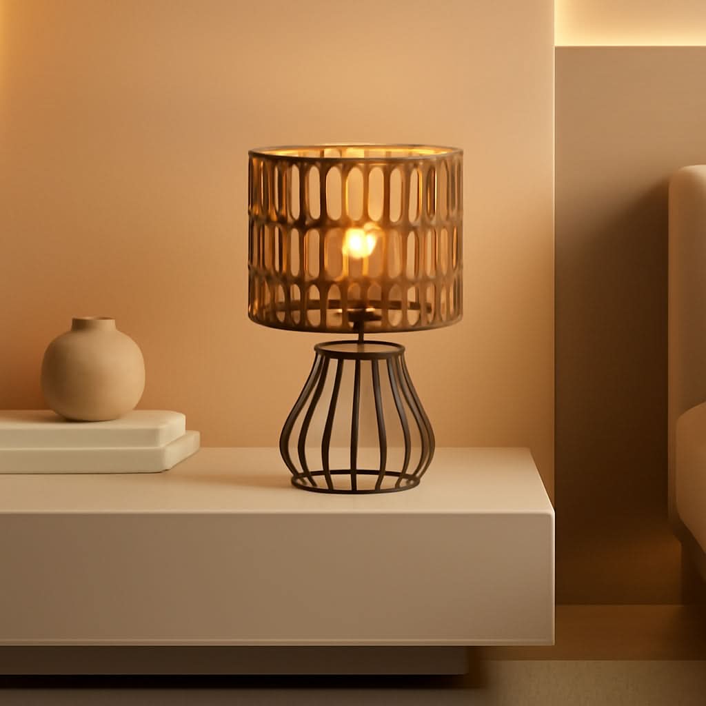 Small Black Boho Bedside Lamp Handwoven Shade Black Metal Base