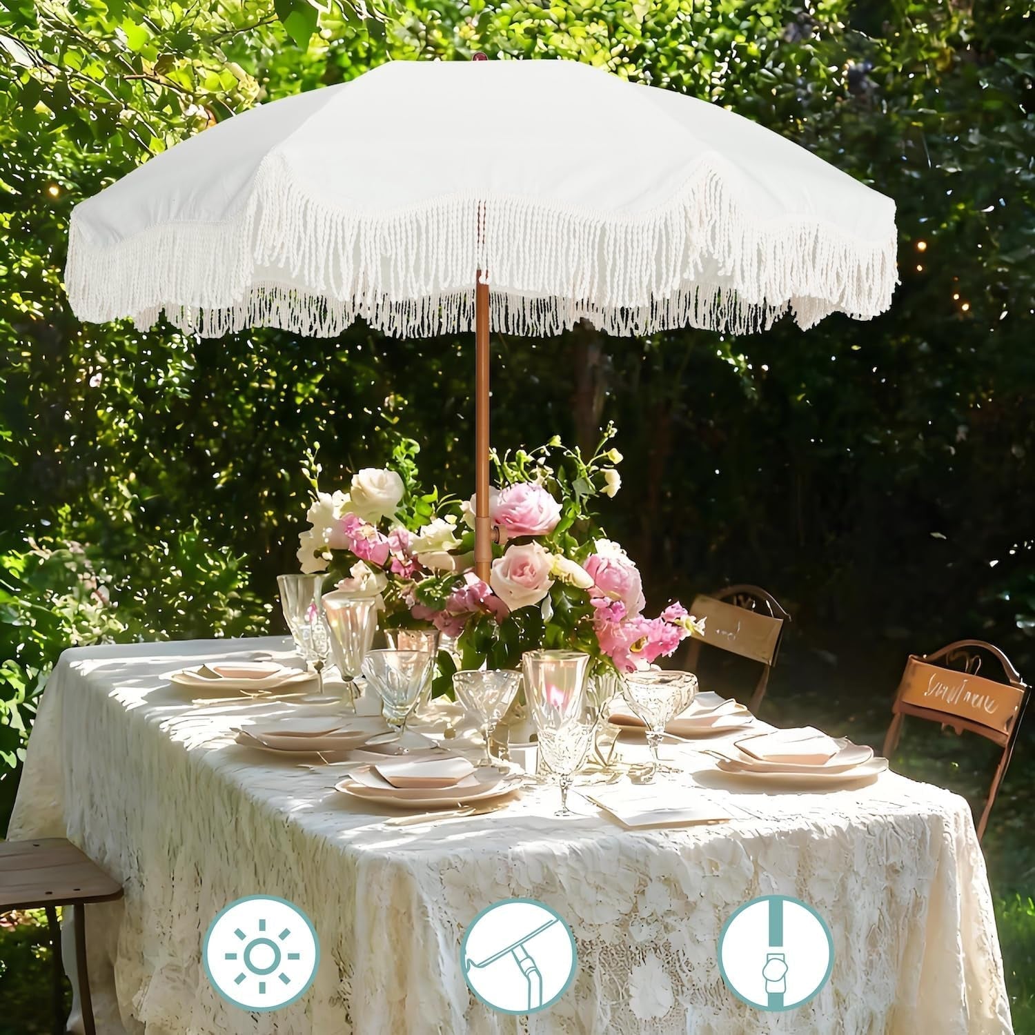 6ft5in Fringe Patio Umbrella AntiqueIvory PushTiltLock