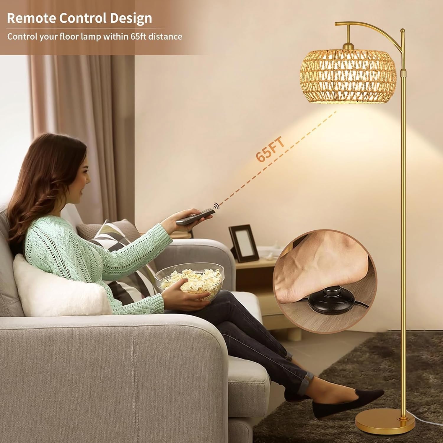 Gold Arc Floor Lamp Remote Dimmable Boho Rattan Shade