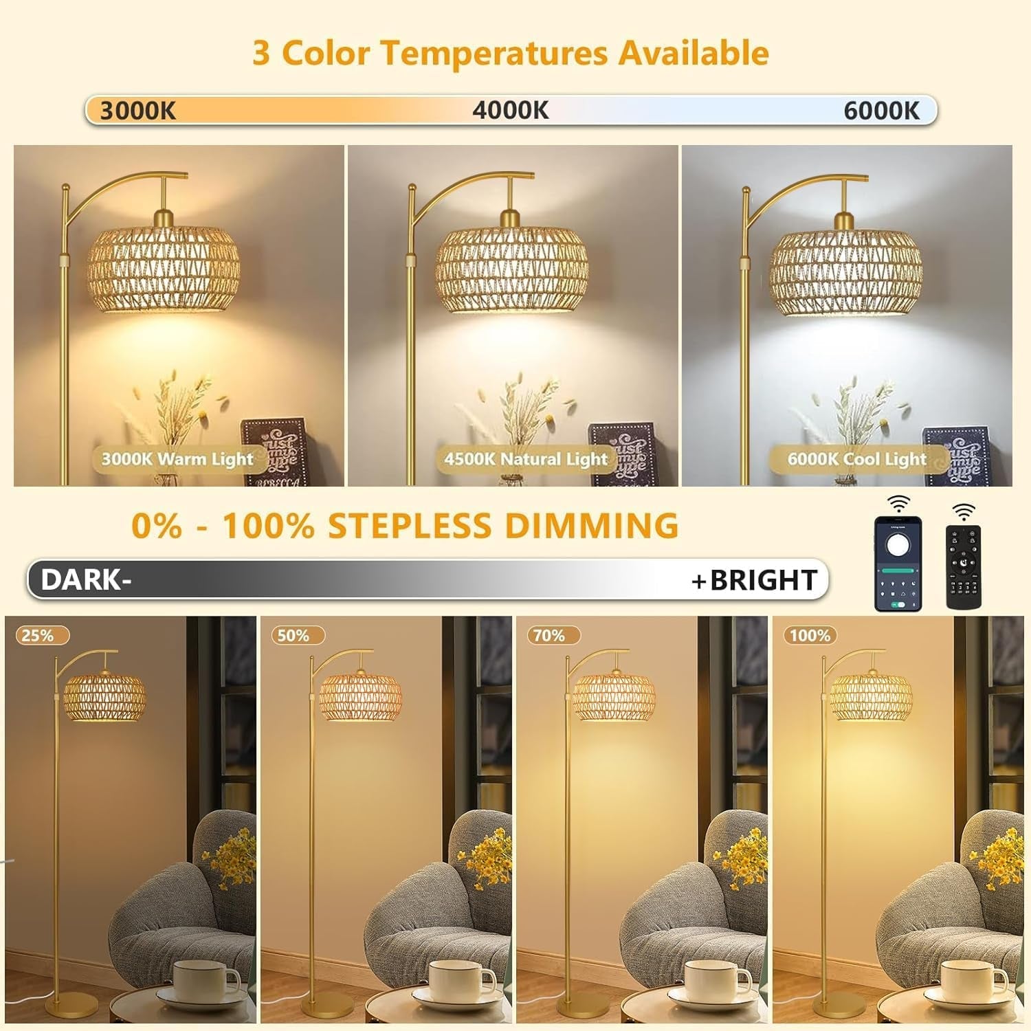 Gold Arc Floor Lamp Remote Dimmable Boho Rattan Shade