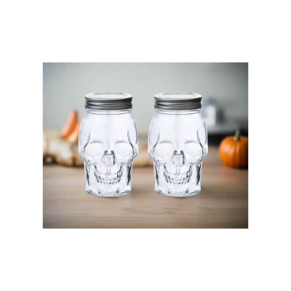 Skull Mason Jar with Lid, 4-Piece Set (2 skull Mason Jars & 2 Lids) 16oz, Clear