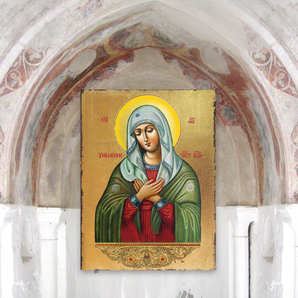 Tenderness Mother of God Wooden Gold Plated Religious Orthodox Sacred Icon - Inspirational Icon Decor - 85012