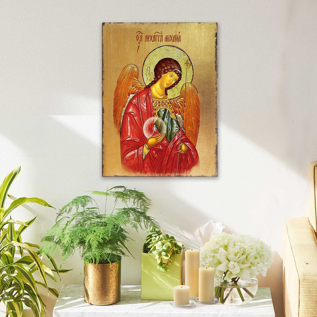 Archangel Michael Wooden Gold Plated Religious Orthodox Sacred Icon - Inspirational Icon Decor - 85027