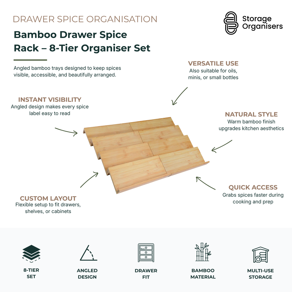 Bamboo Drawer Spice Rack – 8-Tier Organiser Set