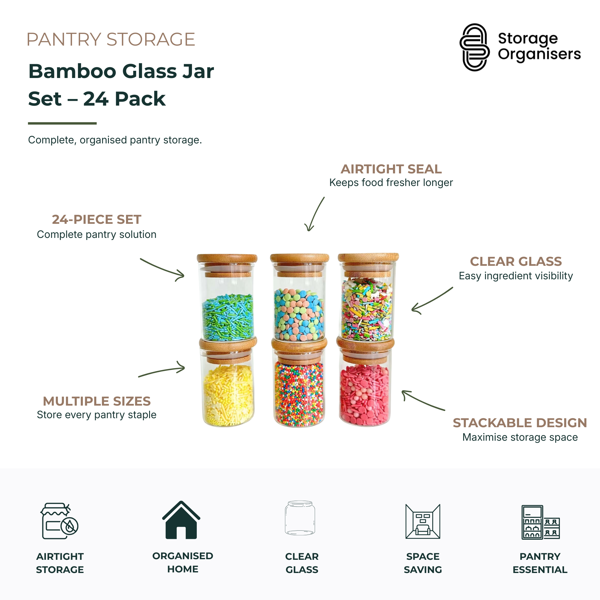 Bamboo Glass Jars Large Pantry Container Set – 24 Pack