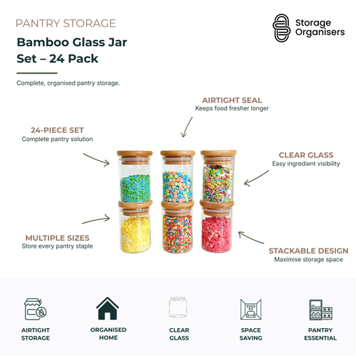 Bamboo Glass Jars Large Pantry Container Set – 24 Pack