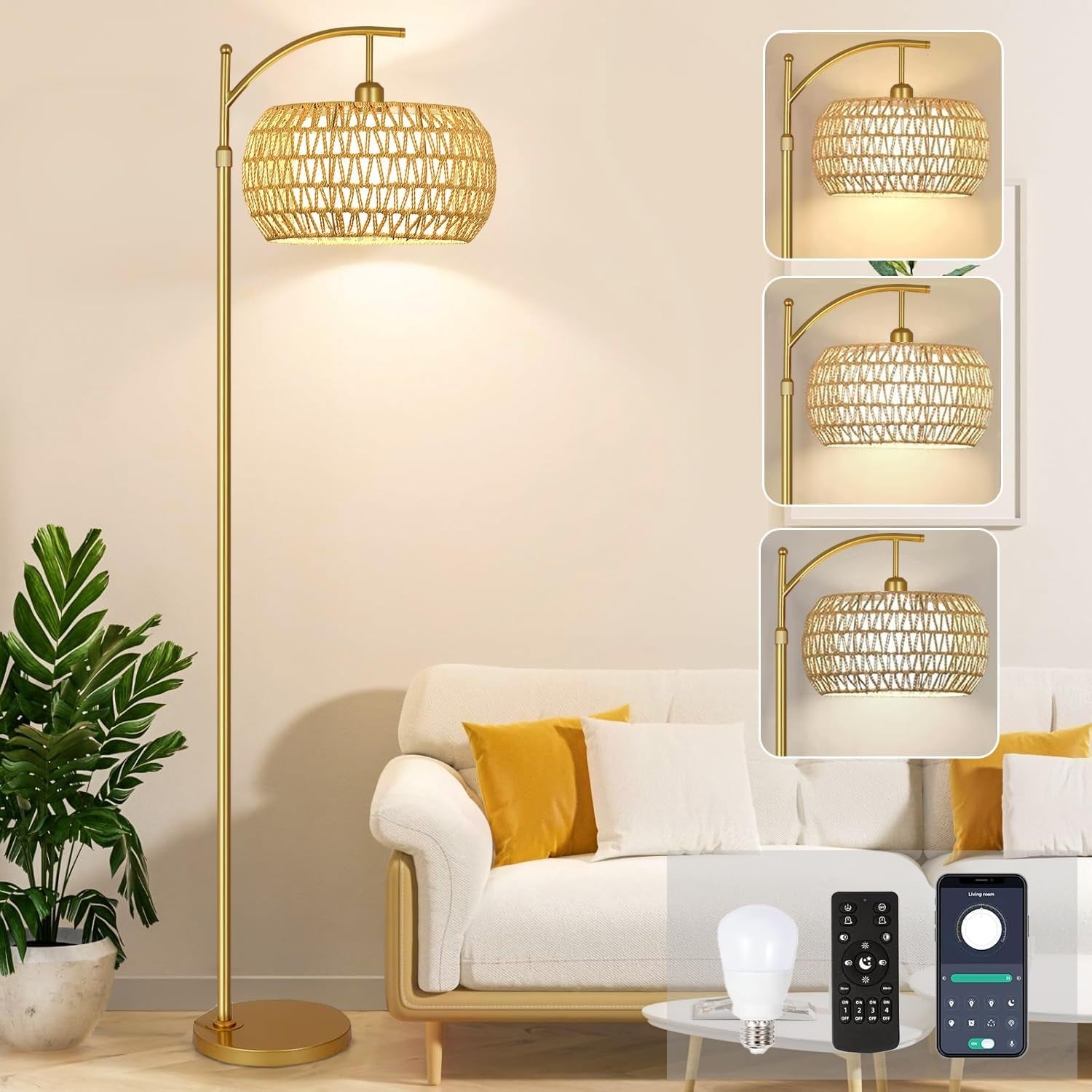 Gold Arc Floor Lamp Remote Dimmable Boho Rattan Shade