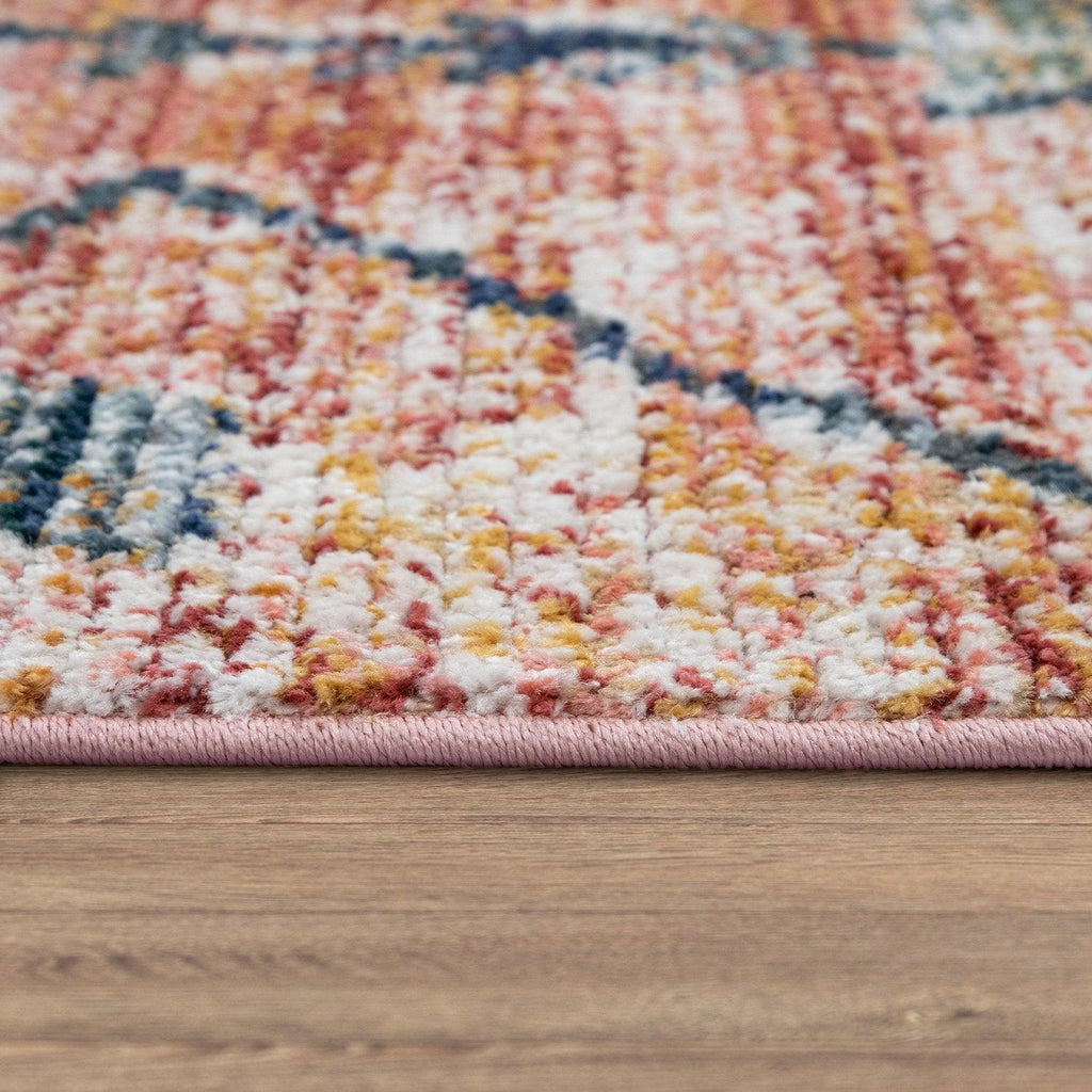 Boho Rug Red Ethnic Diamond Pattern Modern Ripped Design