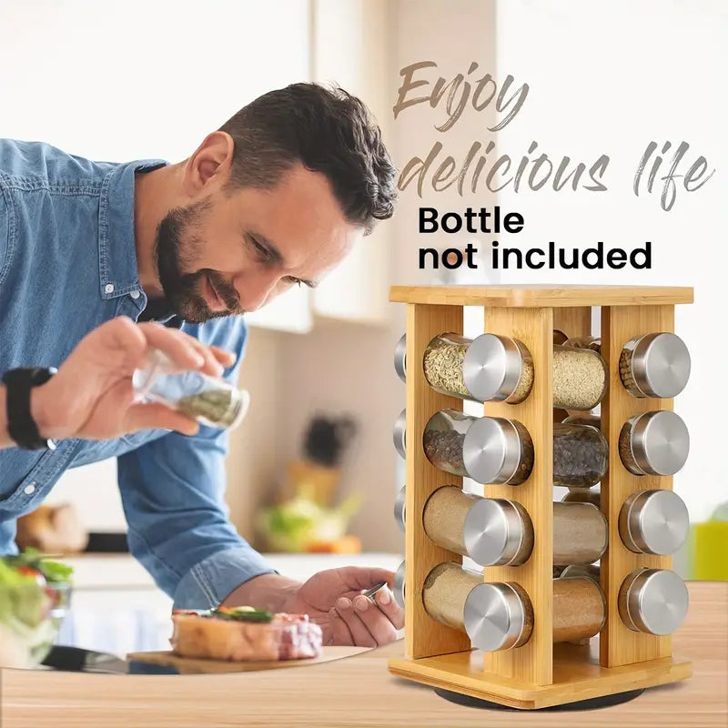 NNETM Bamboo Revolving Spice Rack - 16-Jar Countertop Organizer for Kitchen Storage