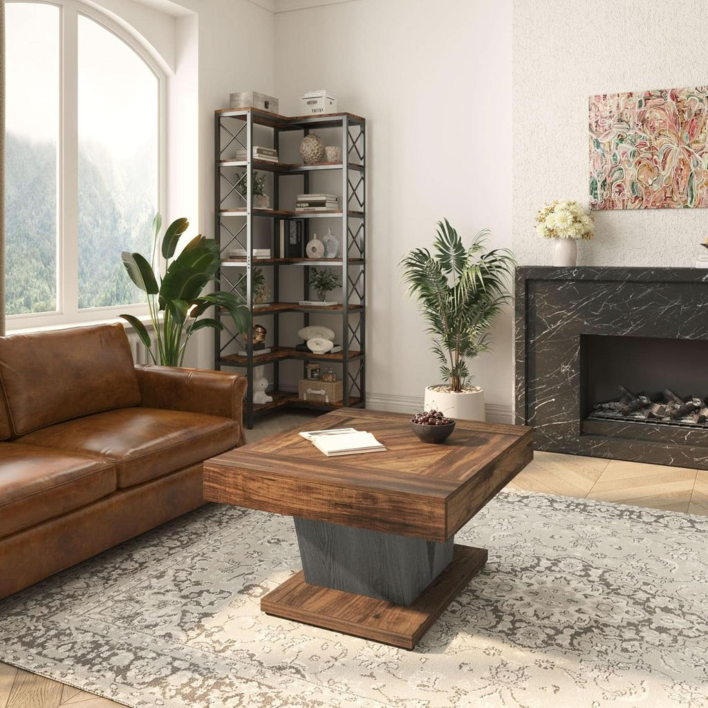 Square Wood Coffee Table 31.5 Inches Walnut Brown Finish
