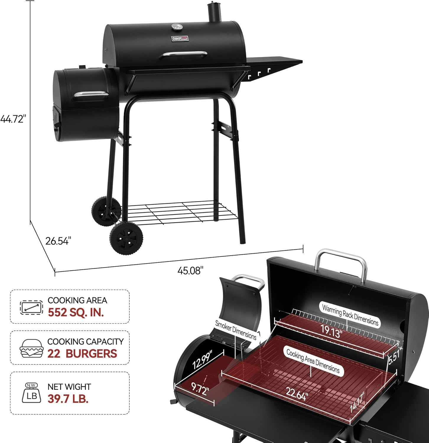 Black PorcelainEnamelCoated Barrel Charcoal Grill Offset Smoker