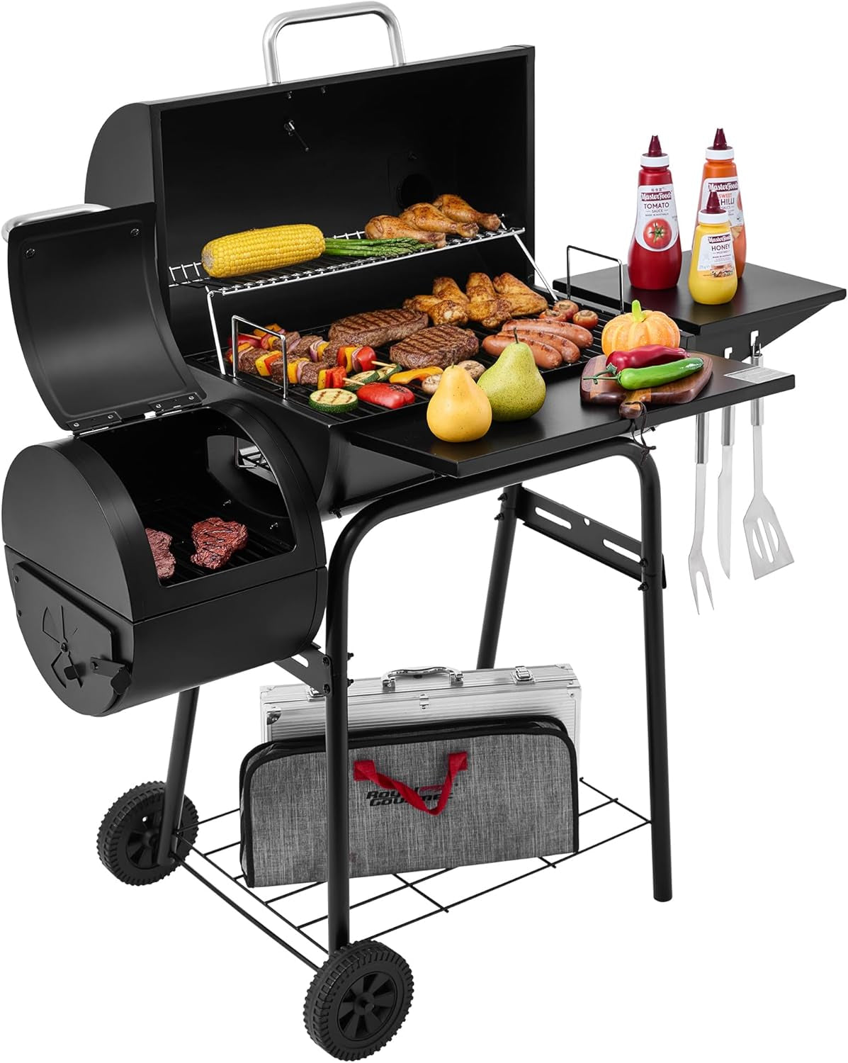 Black PorcelainEnamelCoated Barrel Charcoal Grill Offset Smoker