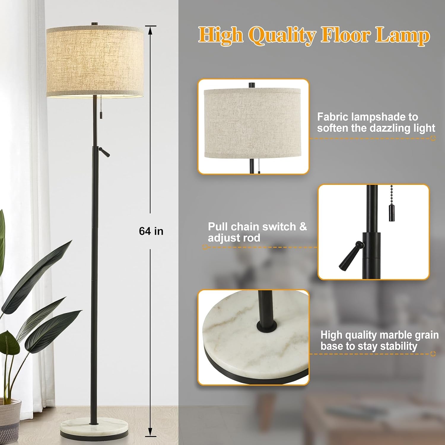 Black Marble Floor Lamp Telescoping Height Adjustable