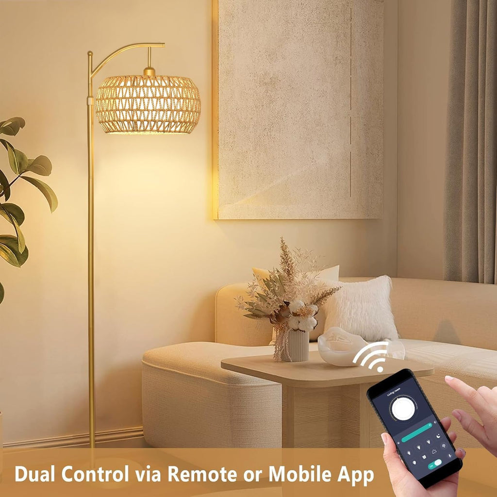 Gold Arc Floor Lamp Remote Dimmable Boho Rattan Shade