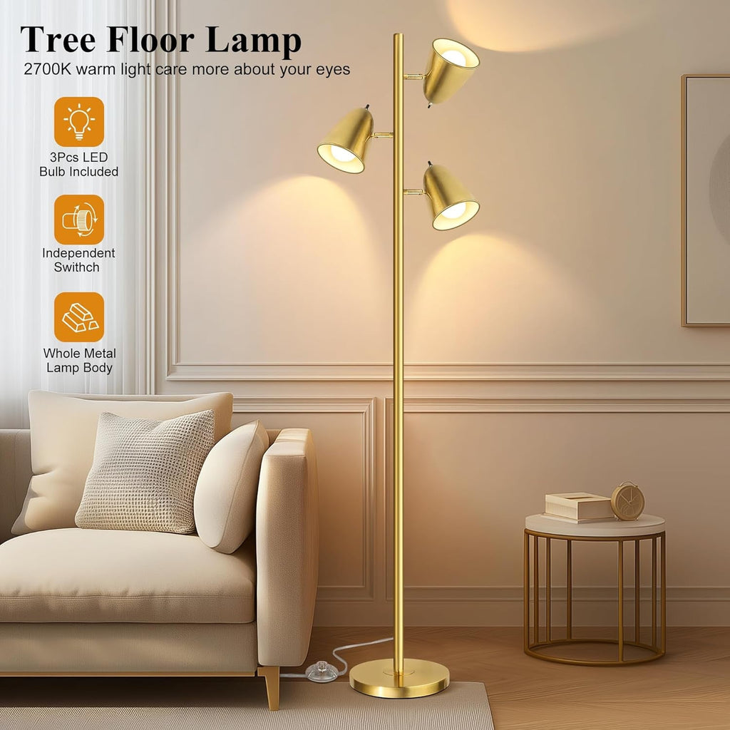 Industrial Brushed Gold Tree Floor Lamp Adjustable