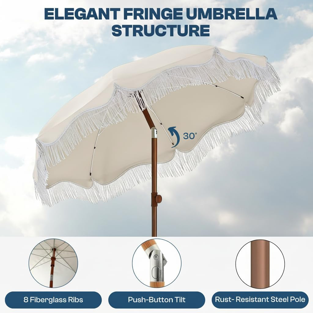 7Ft Boho FringeTasselDecorativeTrim Patio Umbrella UPF50
