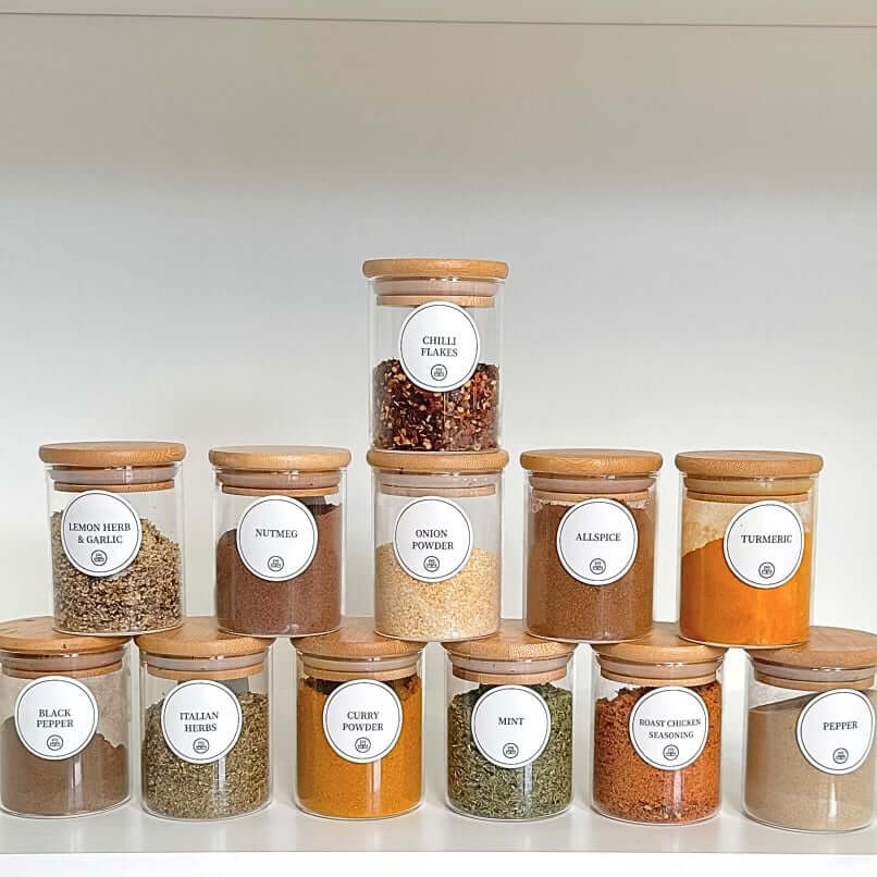 Round Glass Bamboo Herb and Spice Storage Jar Set – 12 Pack