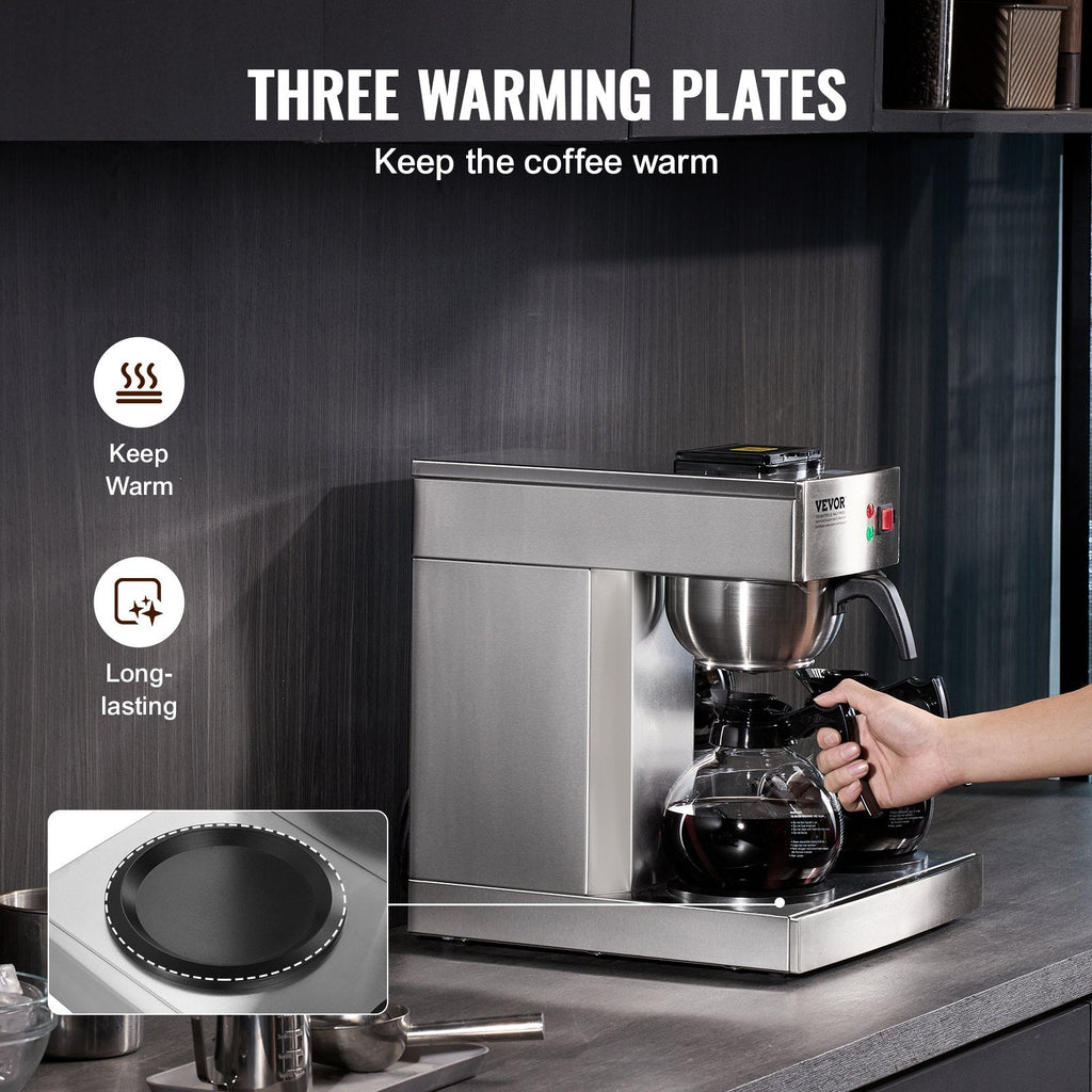12 Cups Commercial Drip Coffee Maker With 3 Glass Carafes And 3 Warmers Office