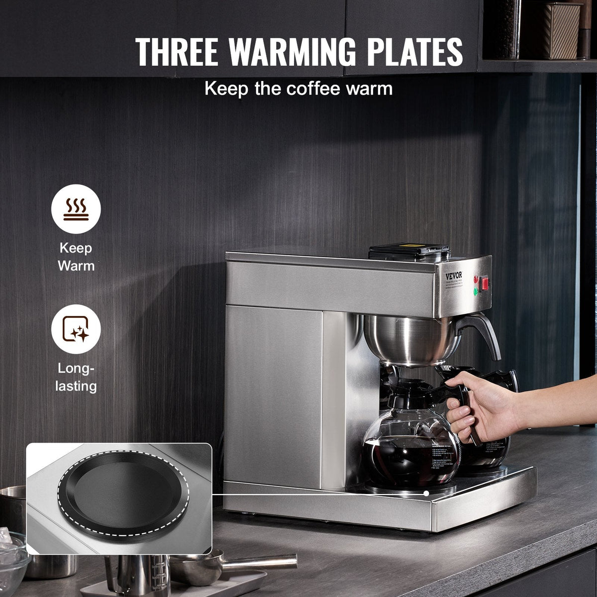 12 Cups Commercial Drip Coffee Maker With 3 Glass Carafes And 3 Warmers Office