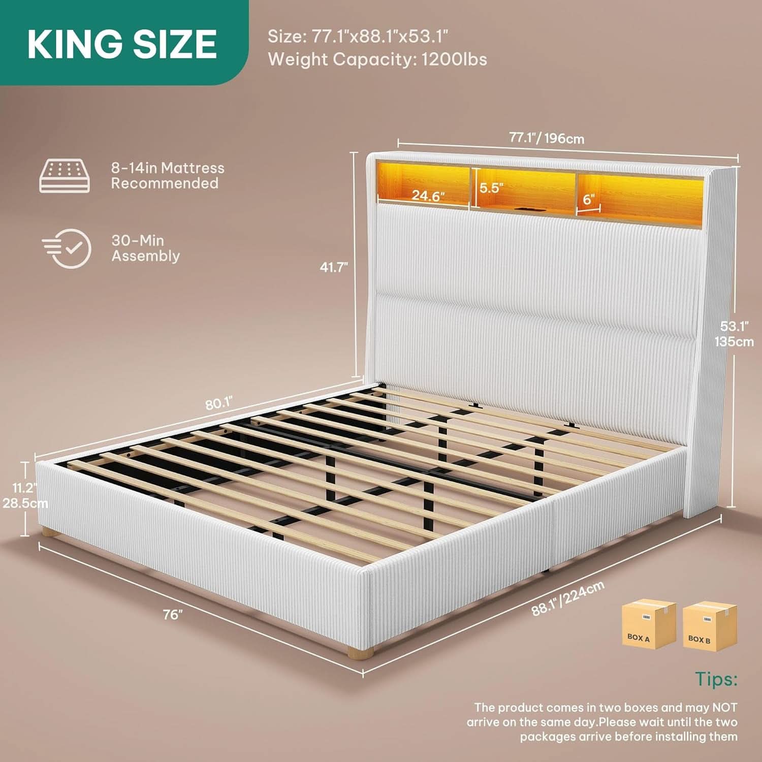 King Size Corduroy Upholstered Platform Bed RGB LED