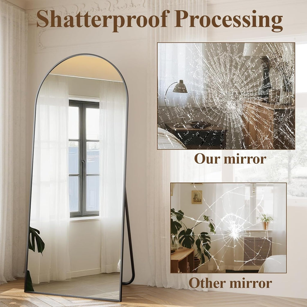 Arched Full Length Mirror 71x26 Inch Floor Standing Black Aluminum Frame