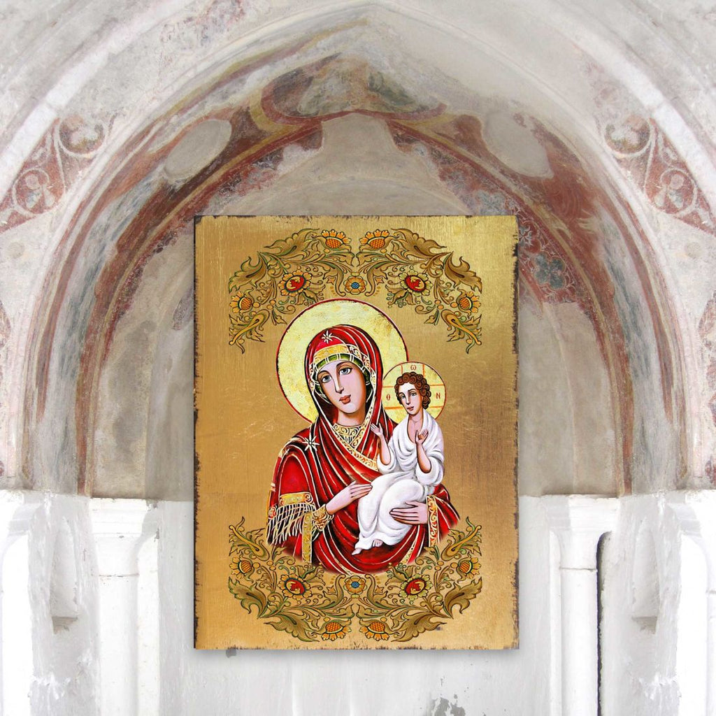 Virgin Mary Directress Wooden Gold Plated Religious Orthodox Sacred Icon - Inspirational Icon Decor - 85029
