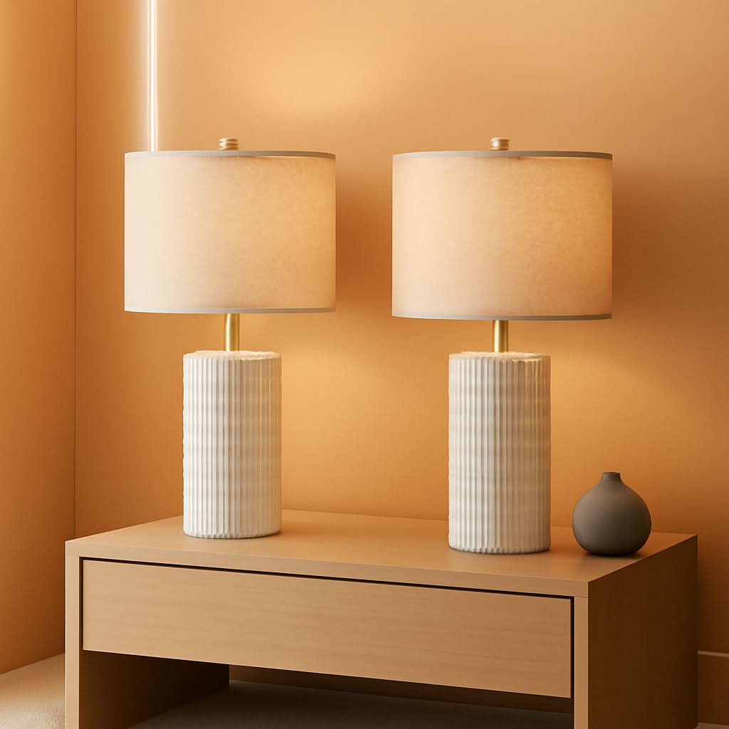 23 Inch Modern Ceramic Table Lamps Set Of 2 White And Beige