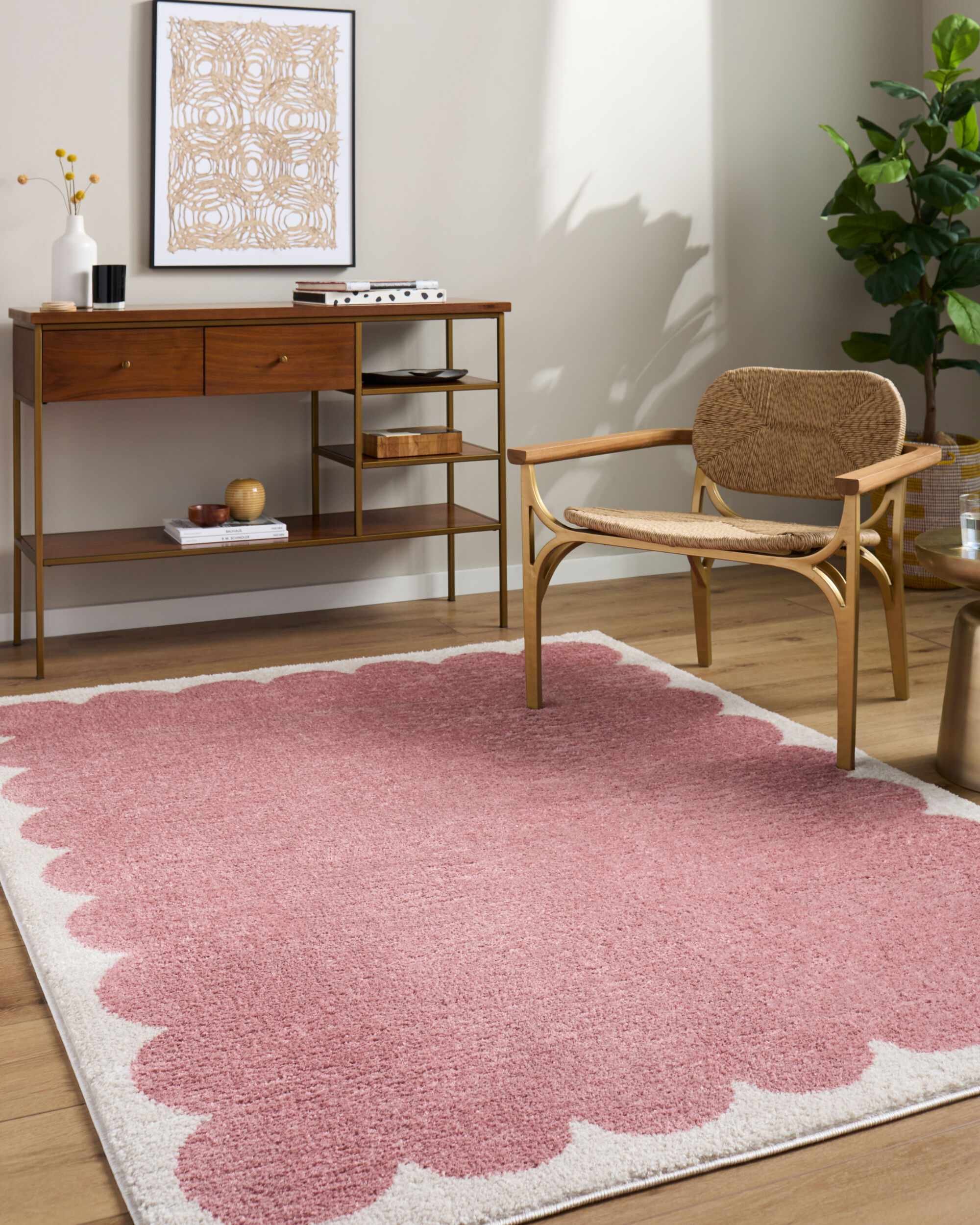 Hera Pink Border Machine Woven Polyester Washable Area Rug