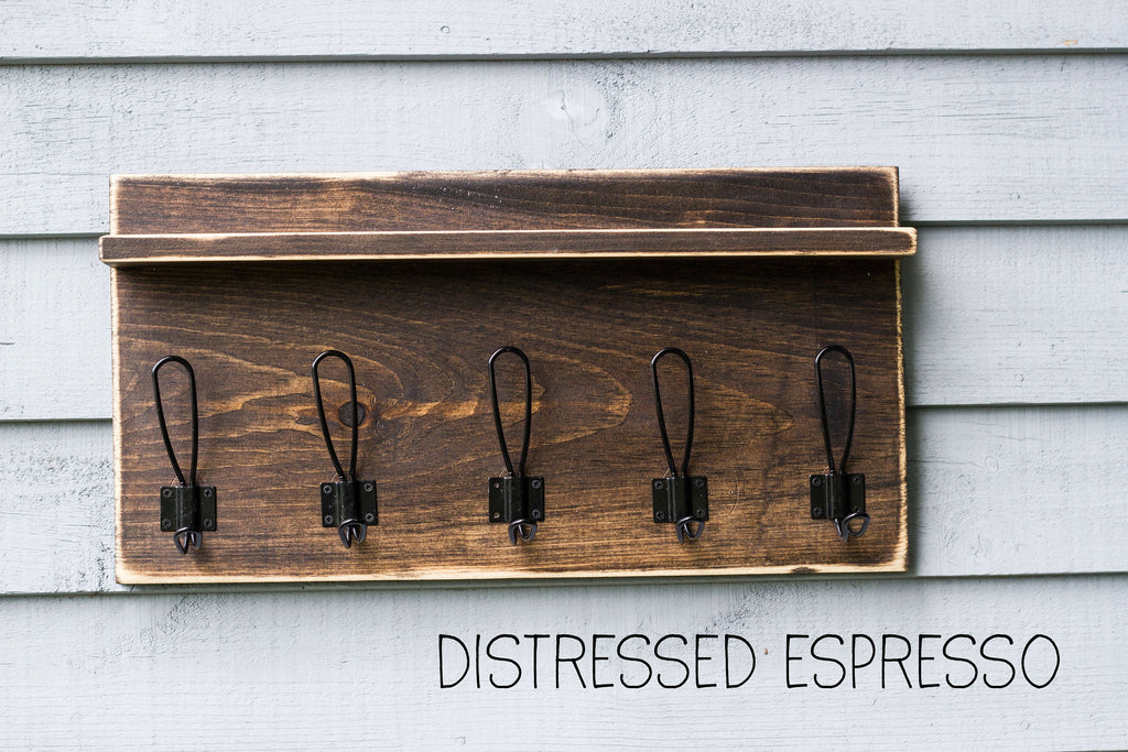 Rustic Wall Mounted Entryway Coat Rack with Farmhouse Style Hooks and Small Shelf