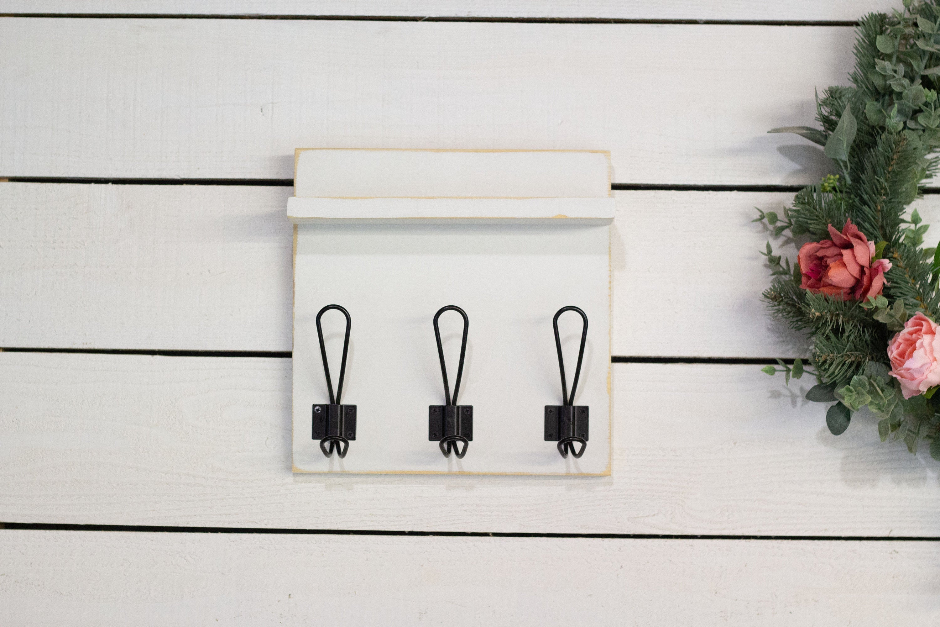 Rustic Wall Mounted Entryway Coat Rack with Farmhouse Style Hooks and Small Shelf