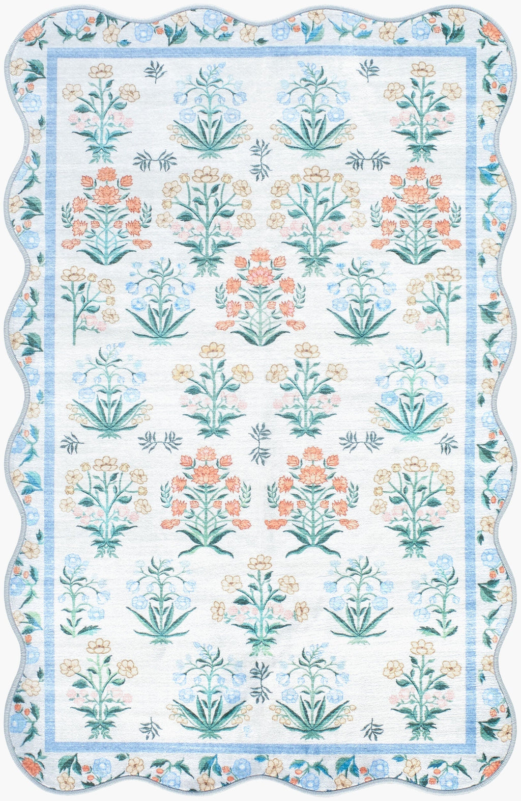 Hevua Blue Floralnature Machine Woven Polyester Washable Area Rug