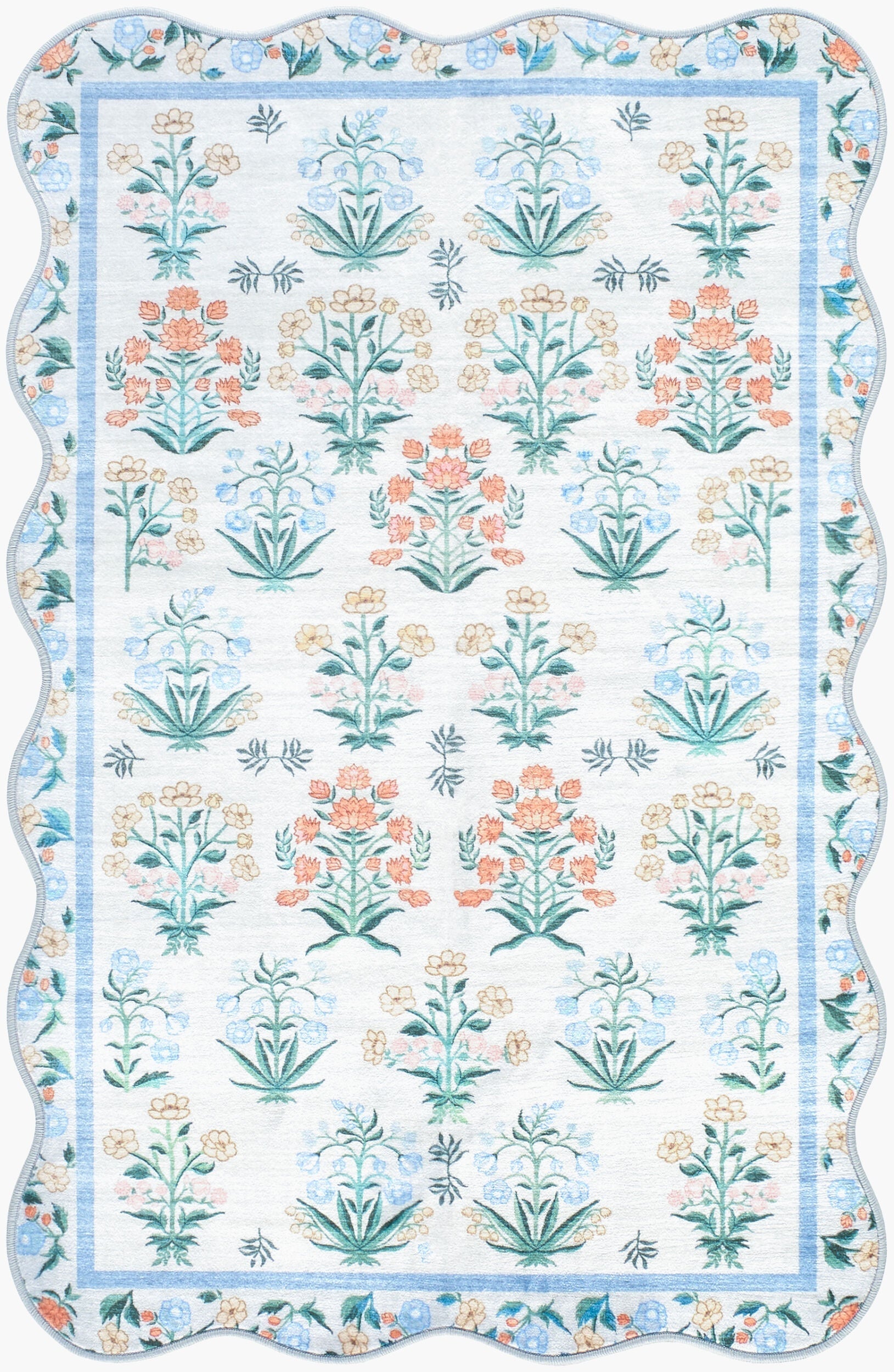 Hevua Blue Floralnature Machine Woven Polyester Washable Area Rug