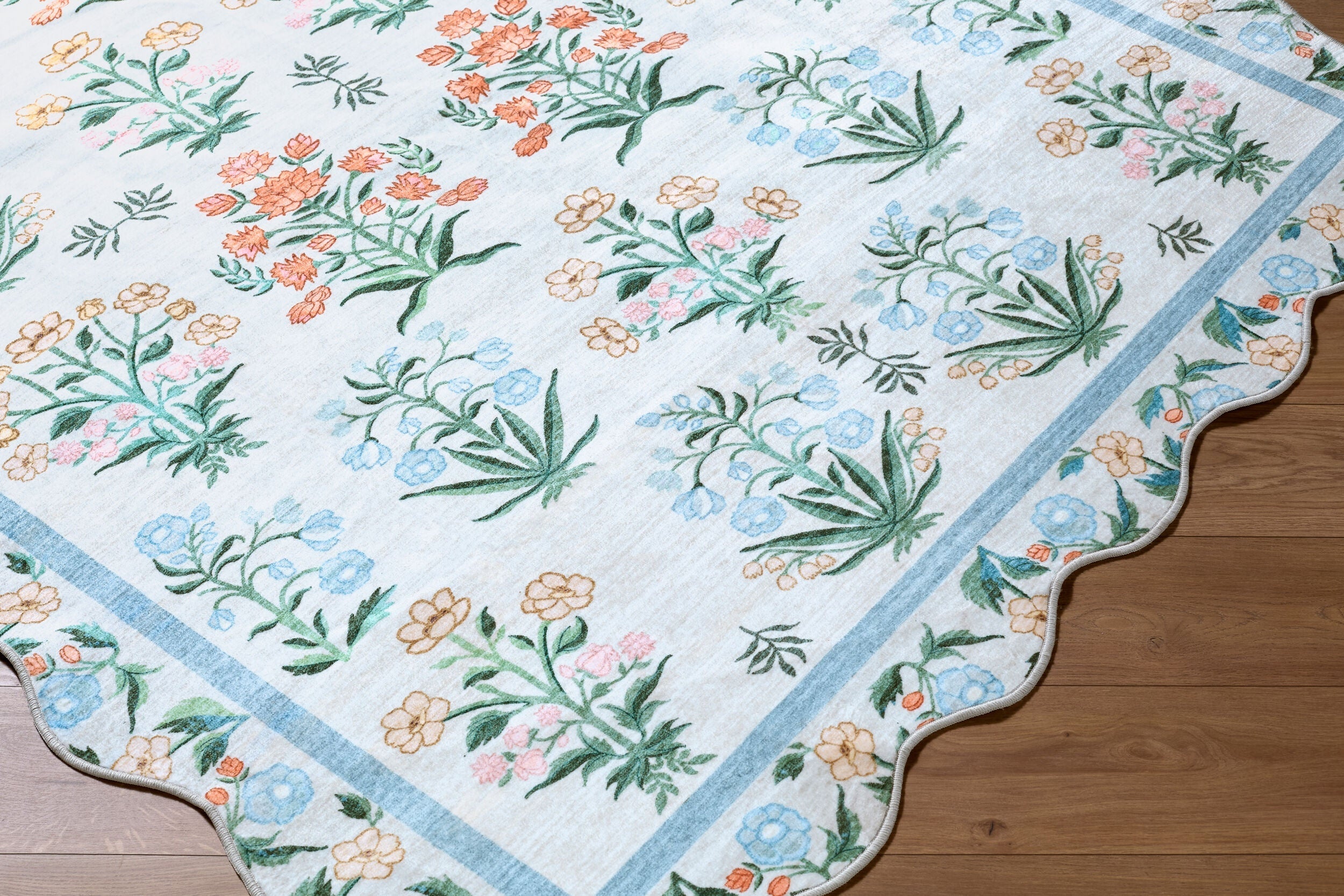 Hevua Blue Floralnature Machine Woven Polyester Washable Area Rug