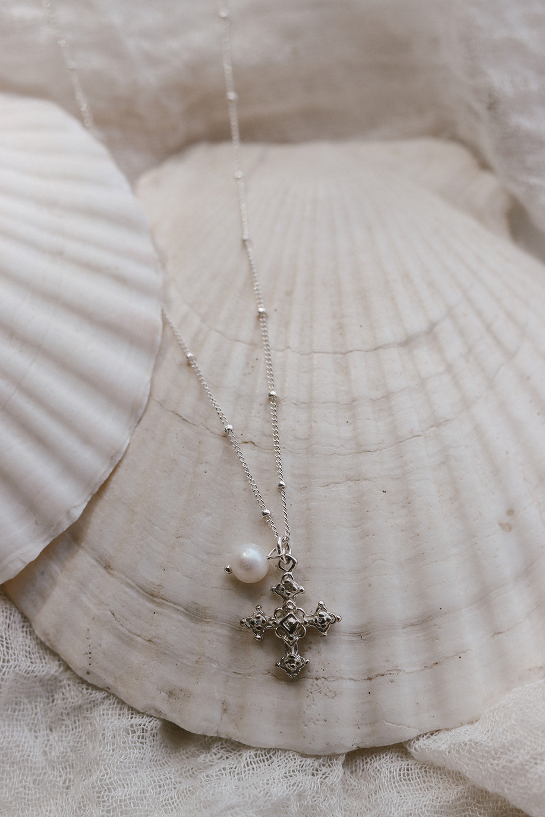 Coptic Cross & Pearl Necklace in Silver