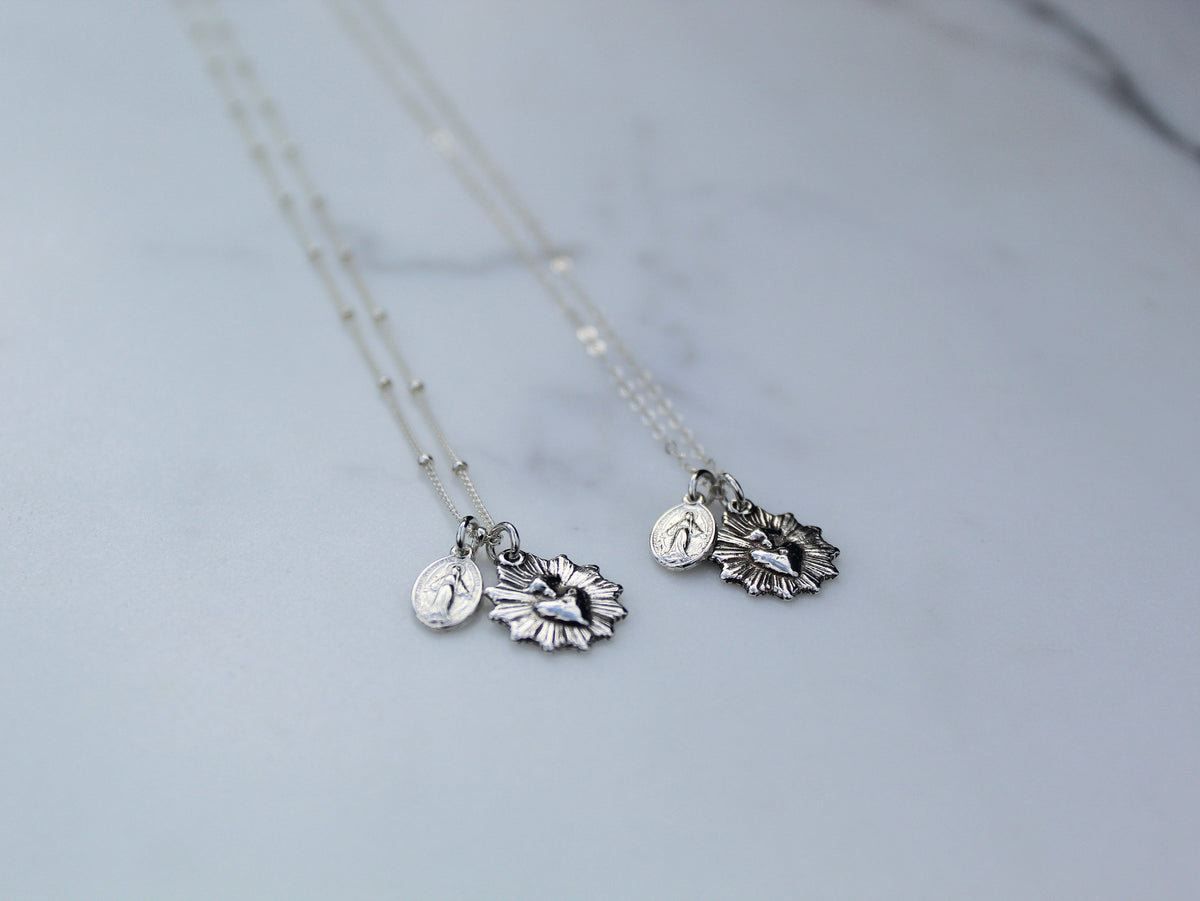 Most Sacred Heart and Miraculous Medal Necklace in Silver