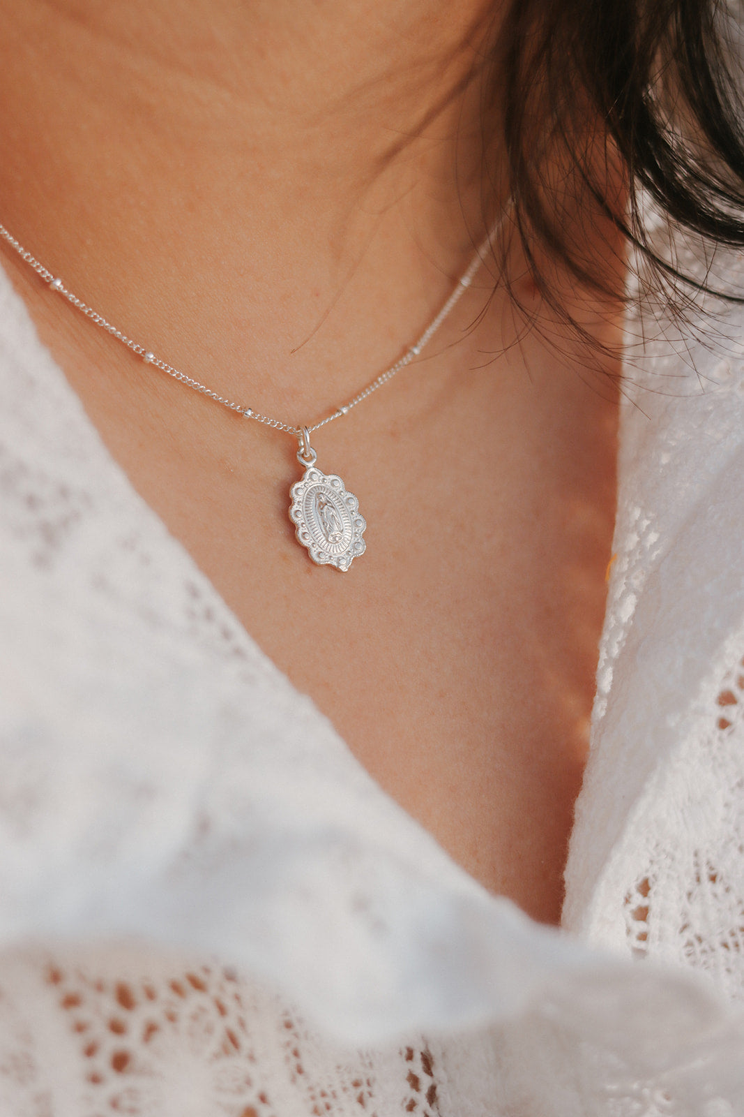 Our Lady of Guadalupe Scalloped Necklace in Sterling Silver