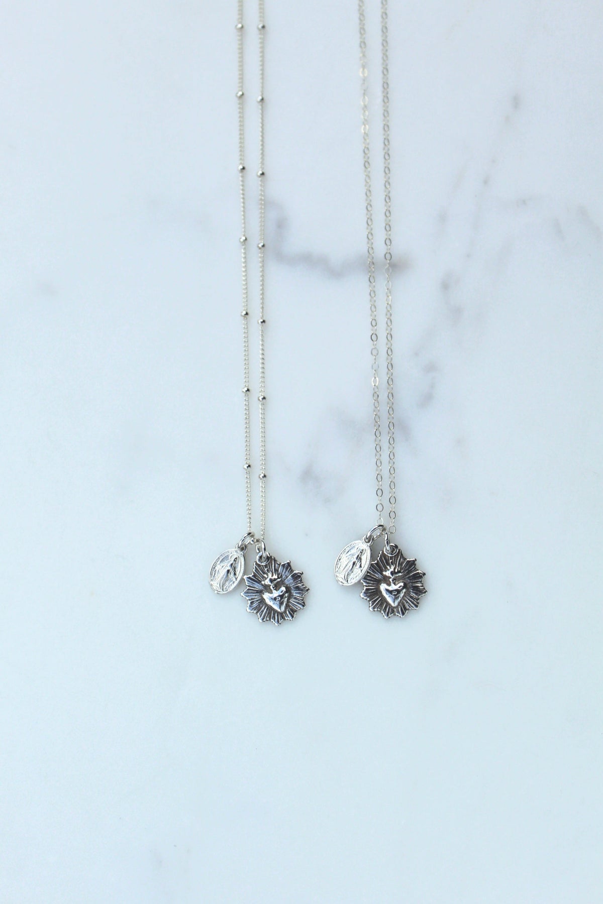 Most Sacred Heart and Miraculous Medal Necklace in Silver