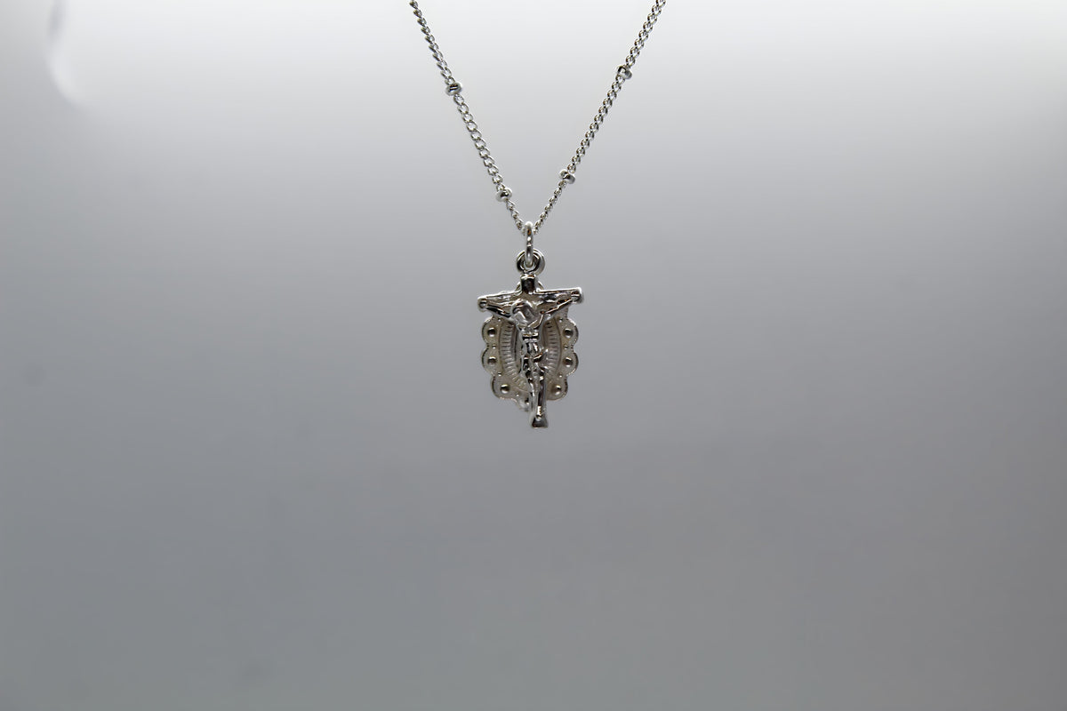 Our Lady of Guadalupe Scalloped and Crucifix in Silver
